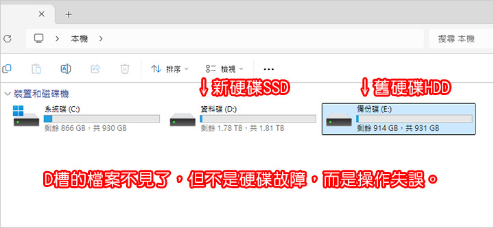 D槽的檔案不見了，但不是硬碟故障，而是操作失誤.jpg