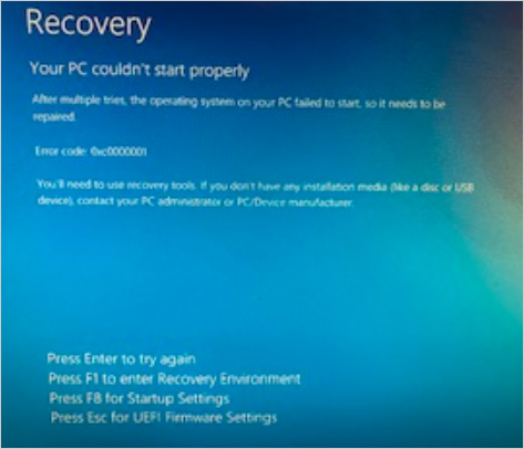 Windows Recovery錯誤代碼0xc0000001